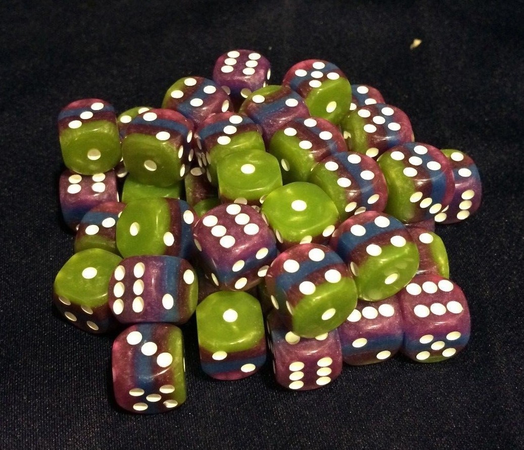 HD Dice 50x 12mm 4-Layer Pips D6 Green-Purple-Blue-Magenta