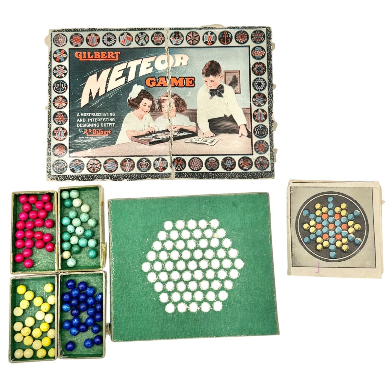 Antique AC Gilbert Meteor Game Set 1920s Board With Colored Marbles Original Box