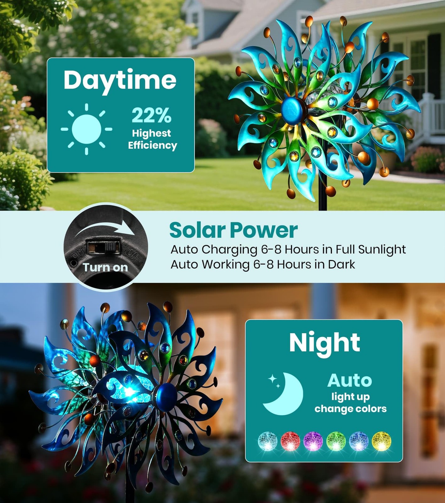 Solar Wind Spinner Outdoor 63×13 Metal Kinetic Garden LED Whirling VUFOZ H63xW13