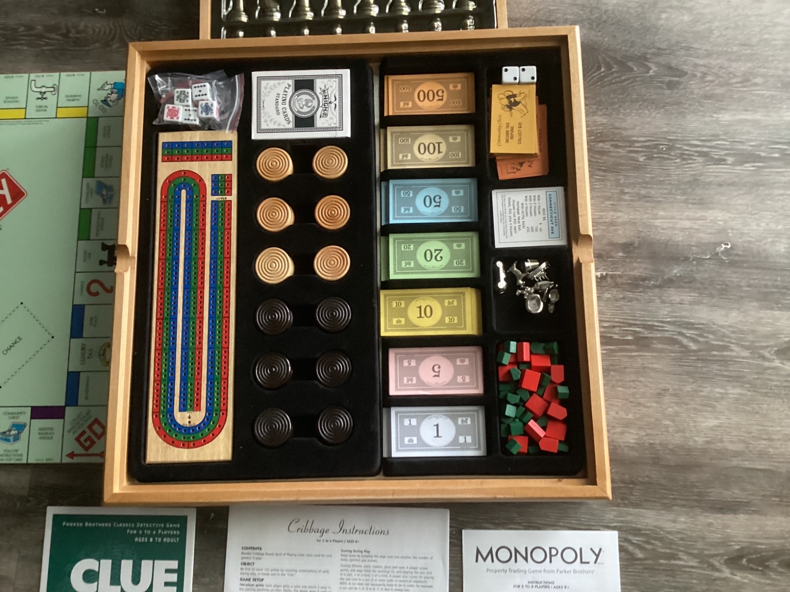 Hasbro/Parker Brothers, Monopoly, And Clue +6 Classic Games. Wooden Game Set