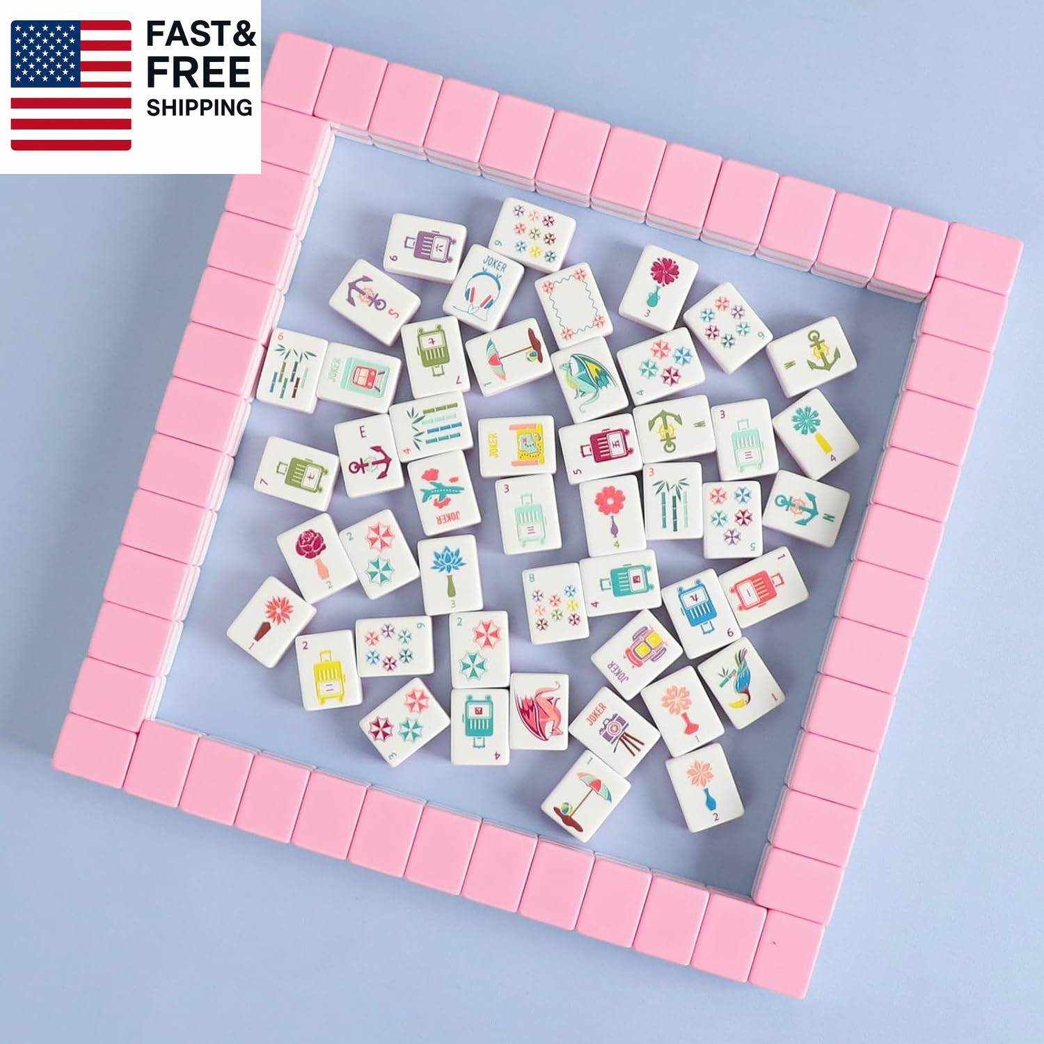 160 Pink Engraved American Mahjong Game Set with Carrying Bag and Accessor