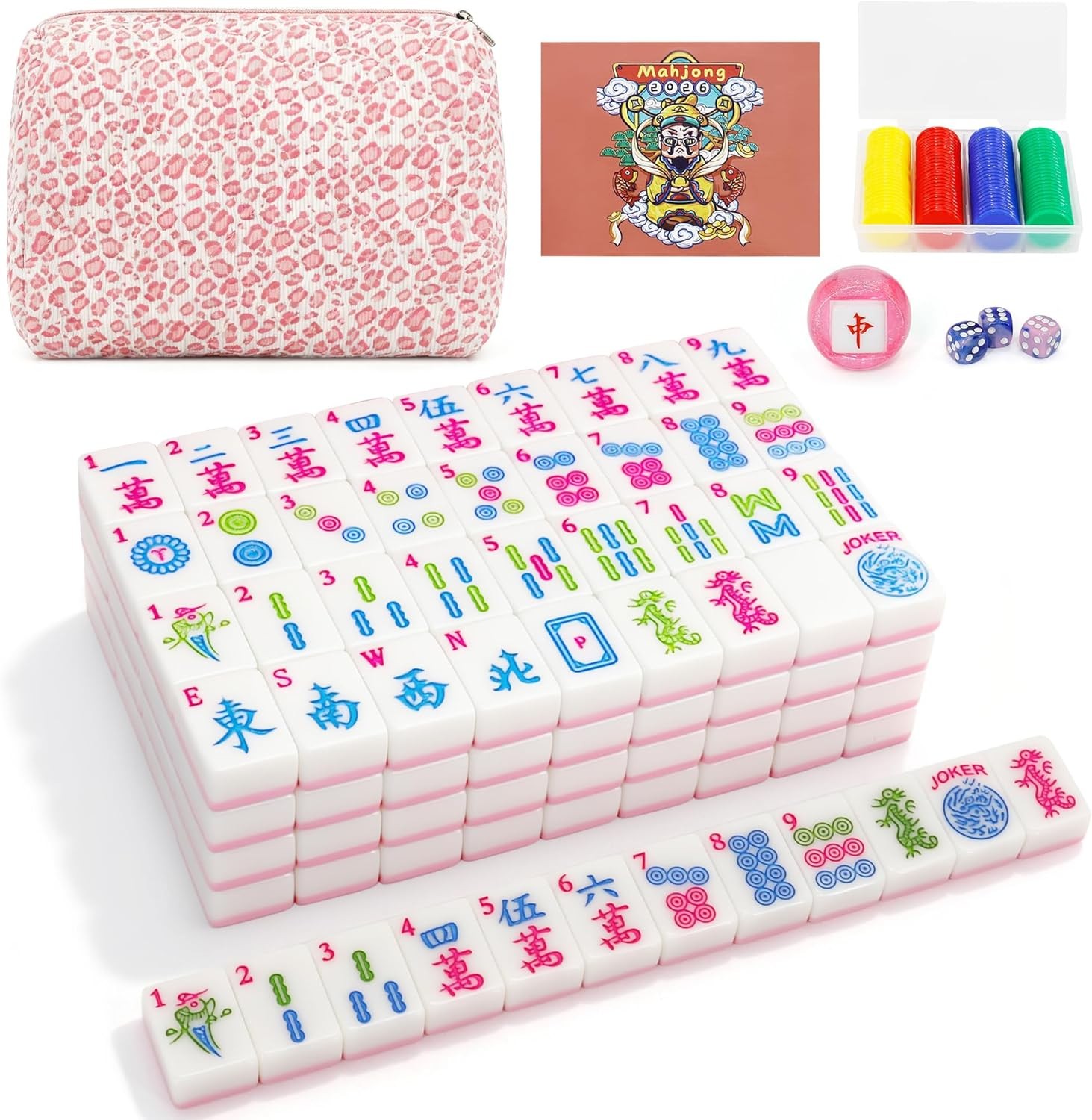166 Pink American Printed Mahjong Game Set with Carrying Bag and Accessories, 1.