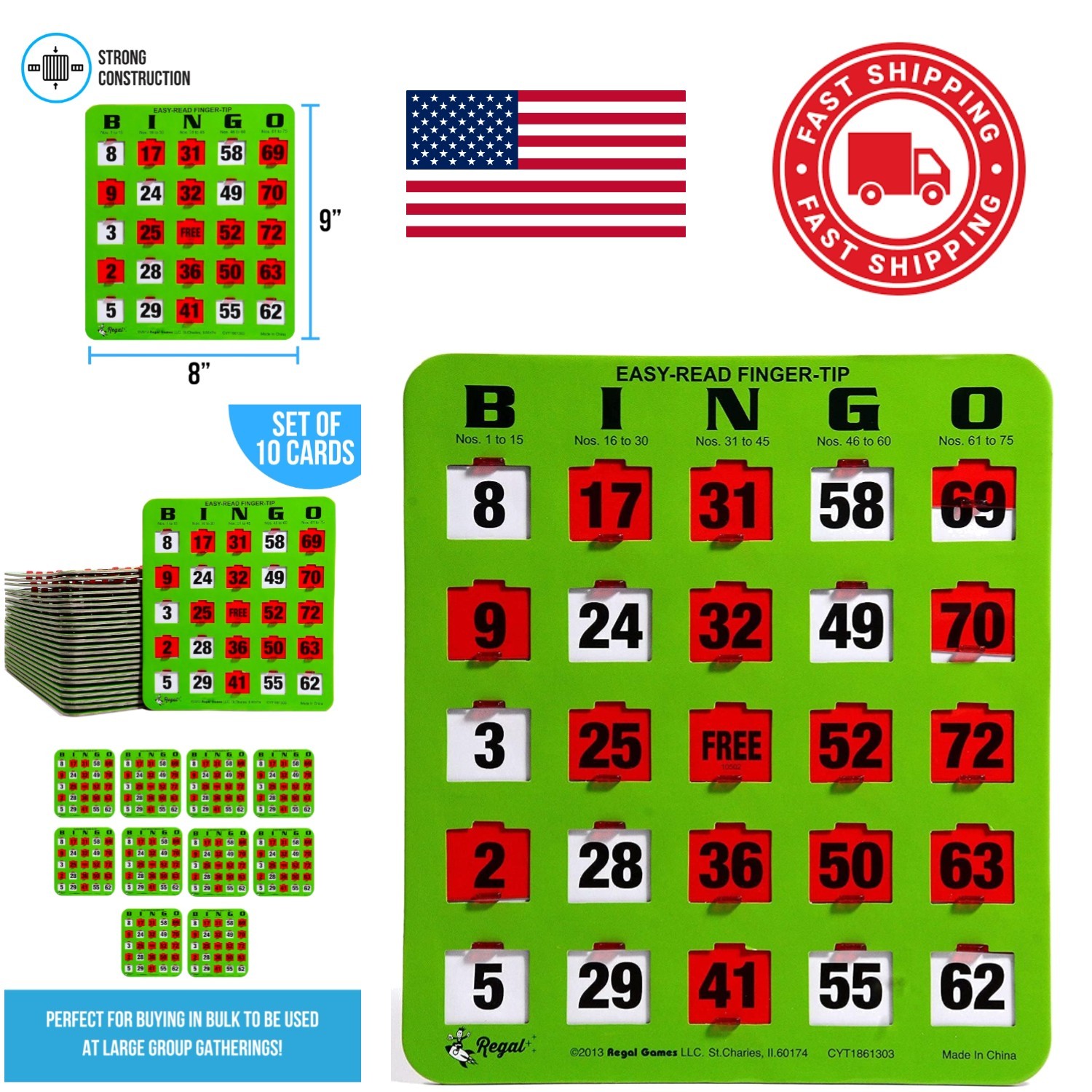Bingo Cards Set of 10 Unique Shutter Slide Easy Read Green Cardstock 8×9 Inch