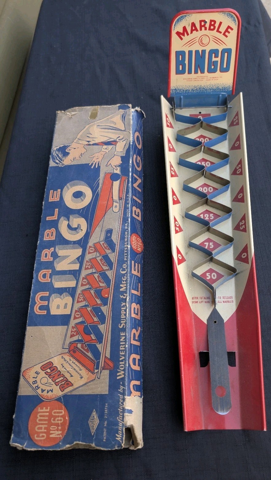 Vintage antique Wolverine No. 60 Marble Bingo Tin litho Toy Game w/ Original Box