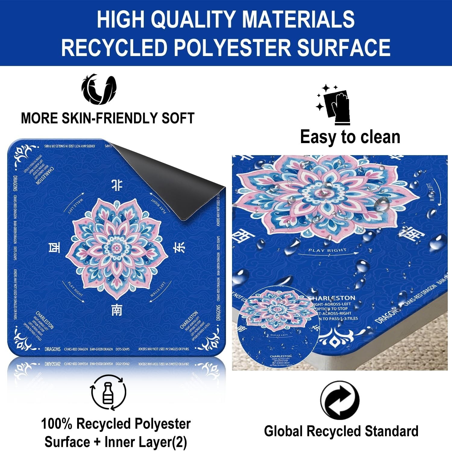 Mahjong Mat for Table 31.5″X31.5″ Rubber American Mahjong Mat with Rules NonSlip