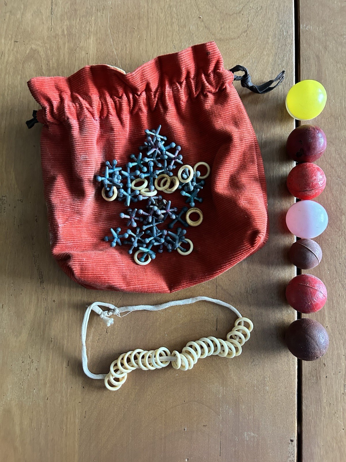 Vintage Metal Jacks Game w Balls & Handmade Courdoroy Red Storage Bag