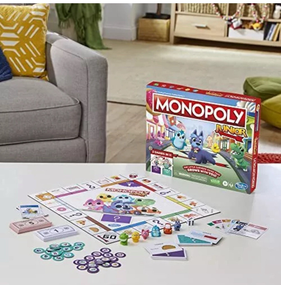 Hasbro Gaming Monopoly Junior Board Game 2-Sided Gameboard 2 Games in 1 Monopoly