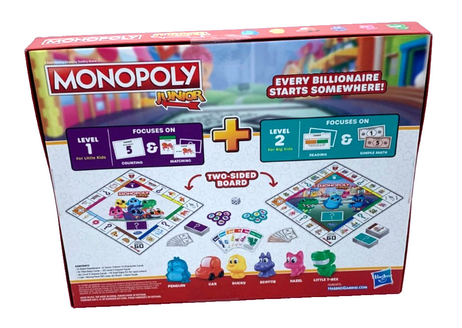 Hasbro Monopoly Junior Board Game 2 Games In 1 Level 1 & 2 Ages 4+ New In Box