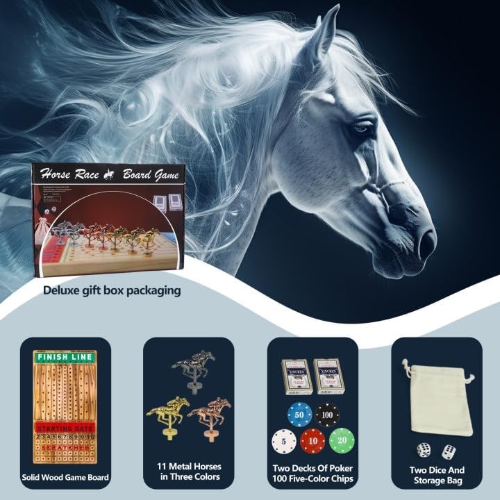 Large 21 Inches Horse Racing Board Game with 11 Luxury Metal Horses Thickened Wo