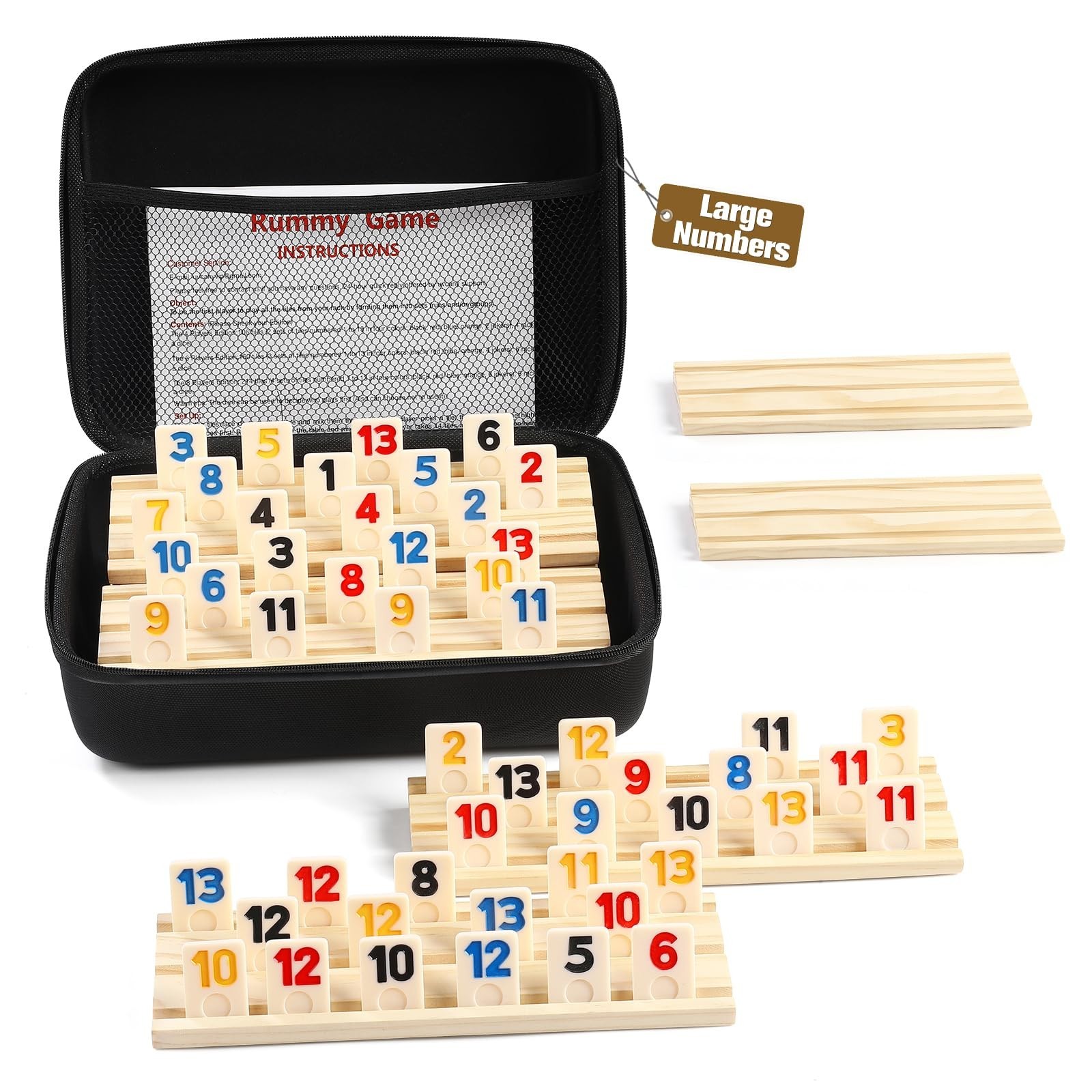 Rummy Cube 6 Player Game Set – 160 Large Number Tiles, Wooden Racks & Travel Cas