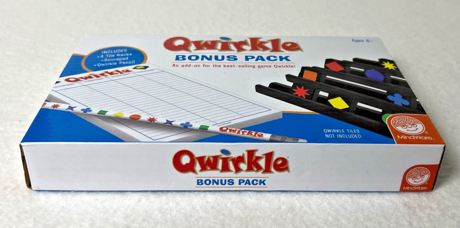 Qwirkle, BONUS PACK – Add-on Wood Tile Racks (4), Scorepad, Pencil – NEW sealed