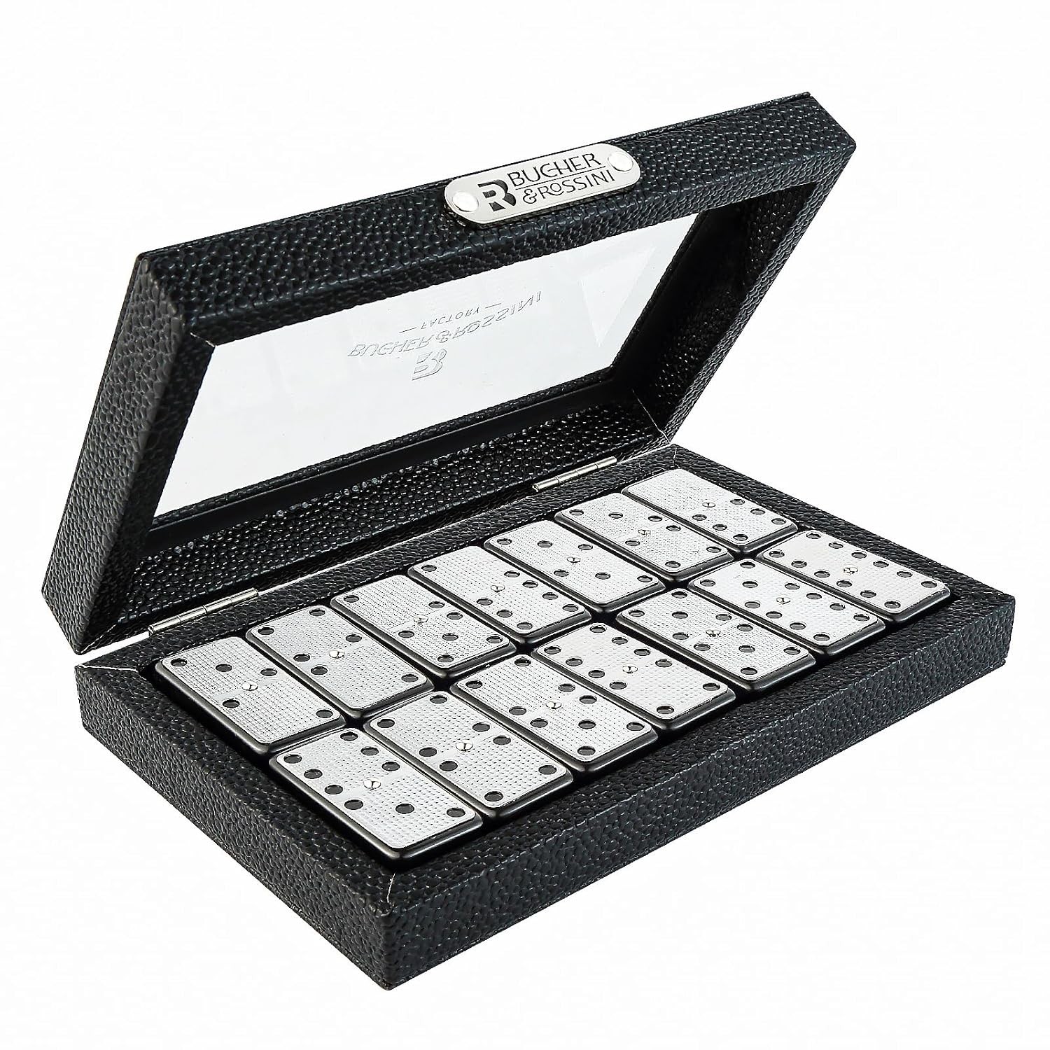Silver Metal Surface Double 6 Dominoes Classic Black Domino Game Set