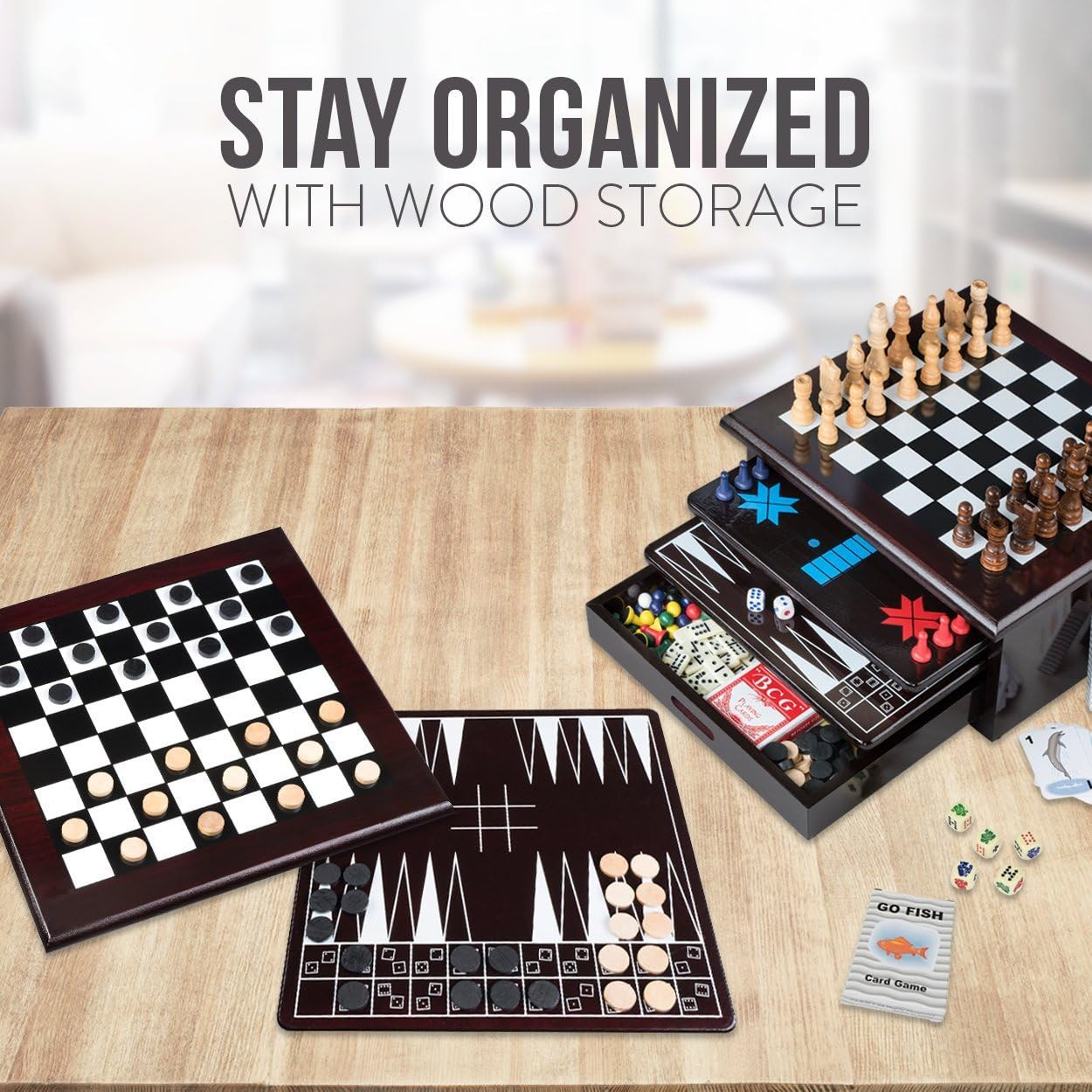 Deluxe 15-in-1 Wooden Board Game Set with Storage Drawer for Family Fun