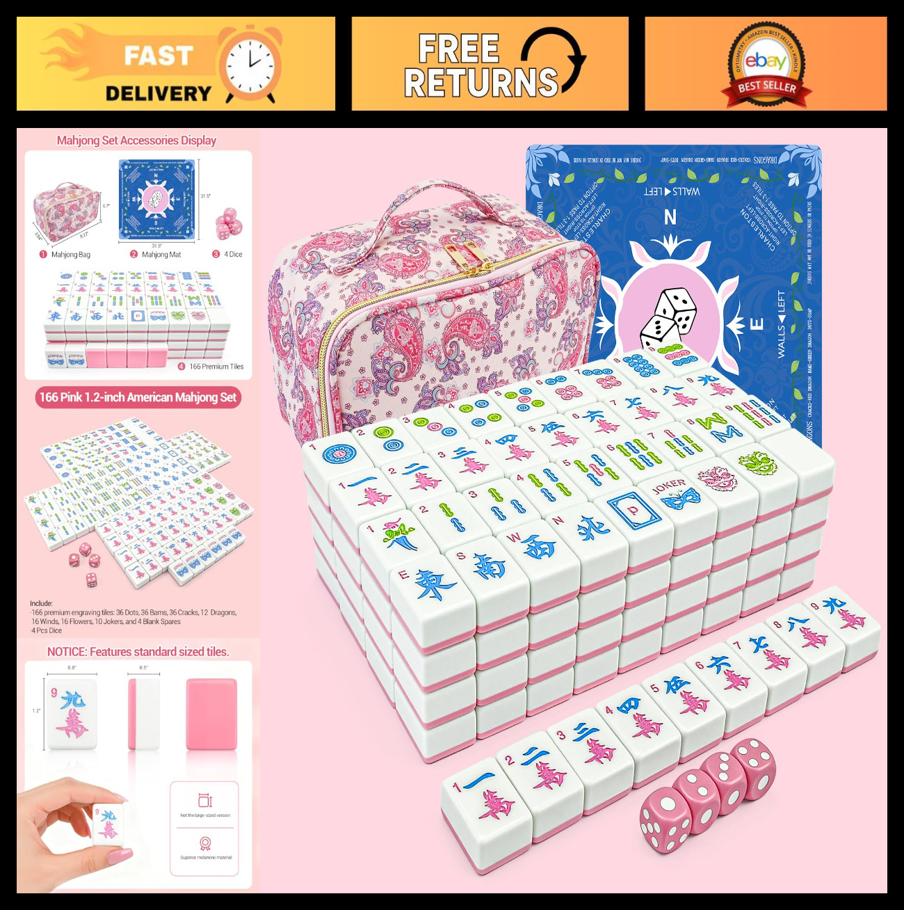 Complete Mahjong Tile Set – 166 Pink Mini Tiles (1.2”), Carrying Bag & Accessori