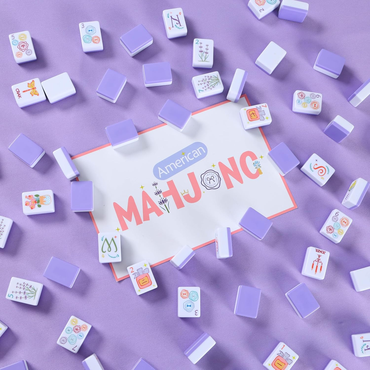 American Mahjong Tile Set, 160 Purple Engraved Melamine Mahjong Tiles with Mahjo