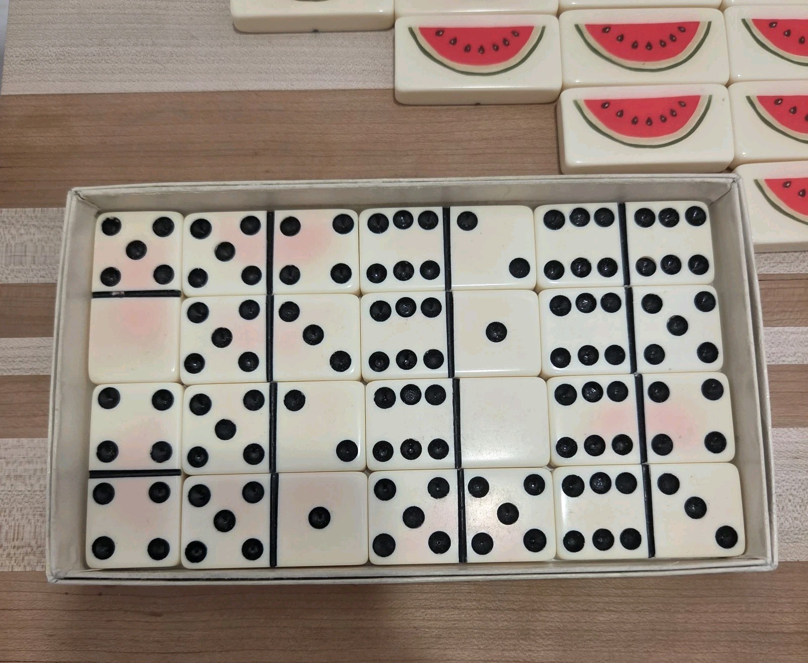 Puremco Marblelike Dominoes White Standard Double 6 WATERMELON No 616 Vintage