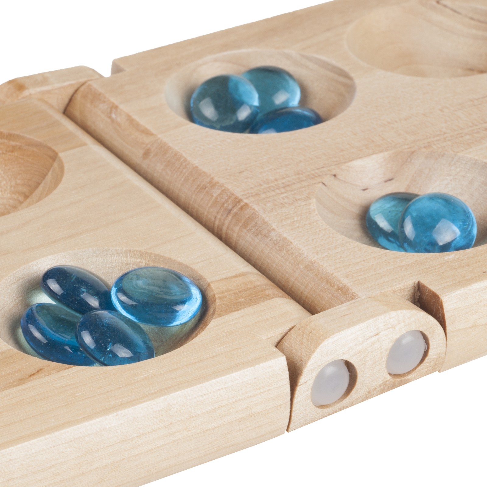Classic Folding Wooden Mancala Board Game with Blue Stones Family Strategy Game