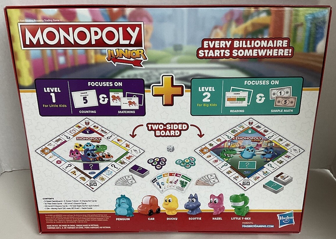 Monopoly Junior 2-Sided Gameboard 2 Games in 1 Grows with You Ages 4t New