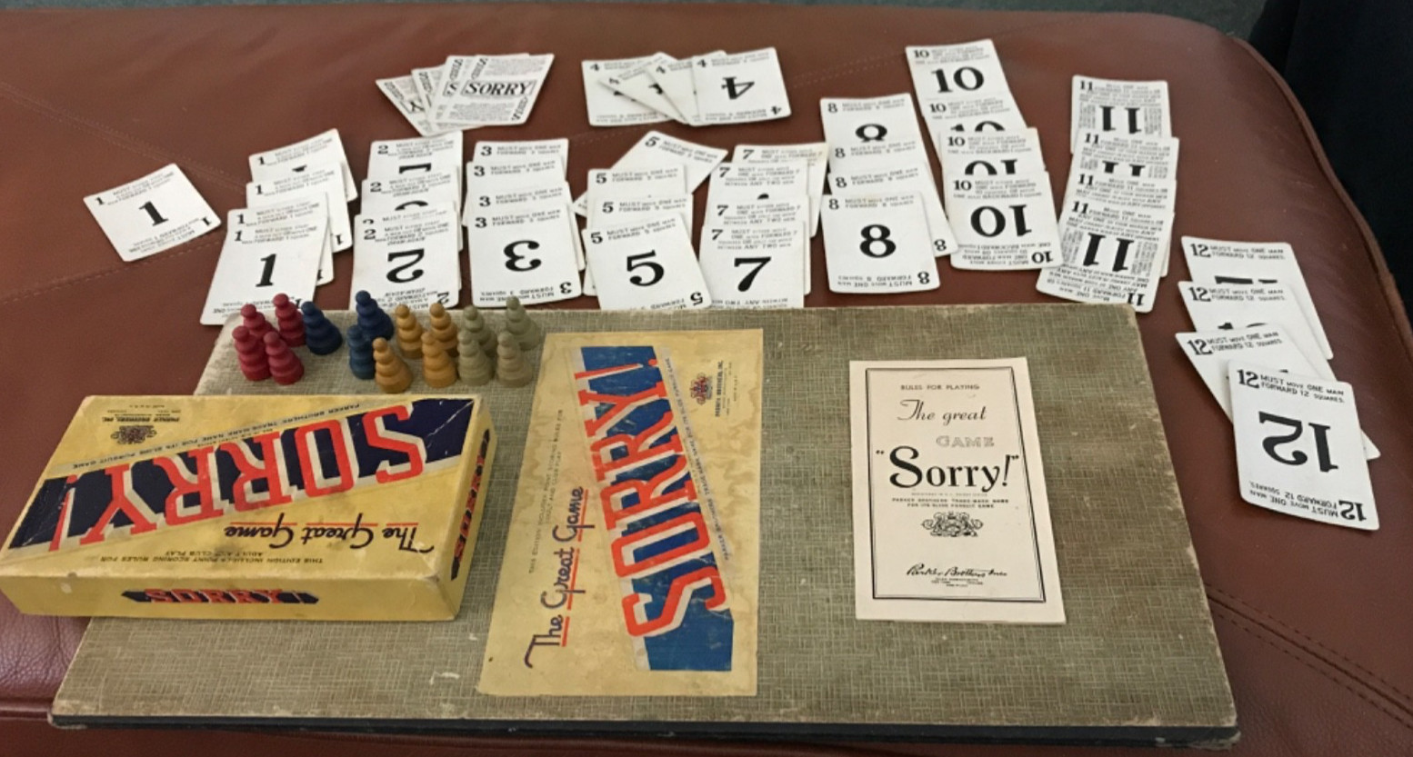 1950 Vintage SORRY Board Game Cards Wooden Pegs instructions 1 blue peg missing