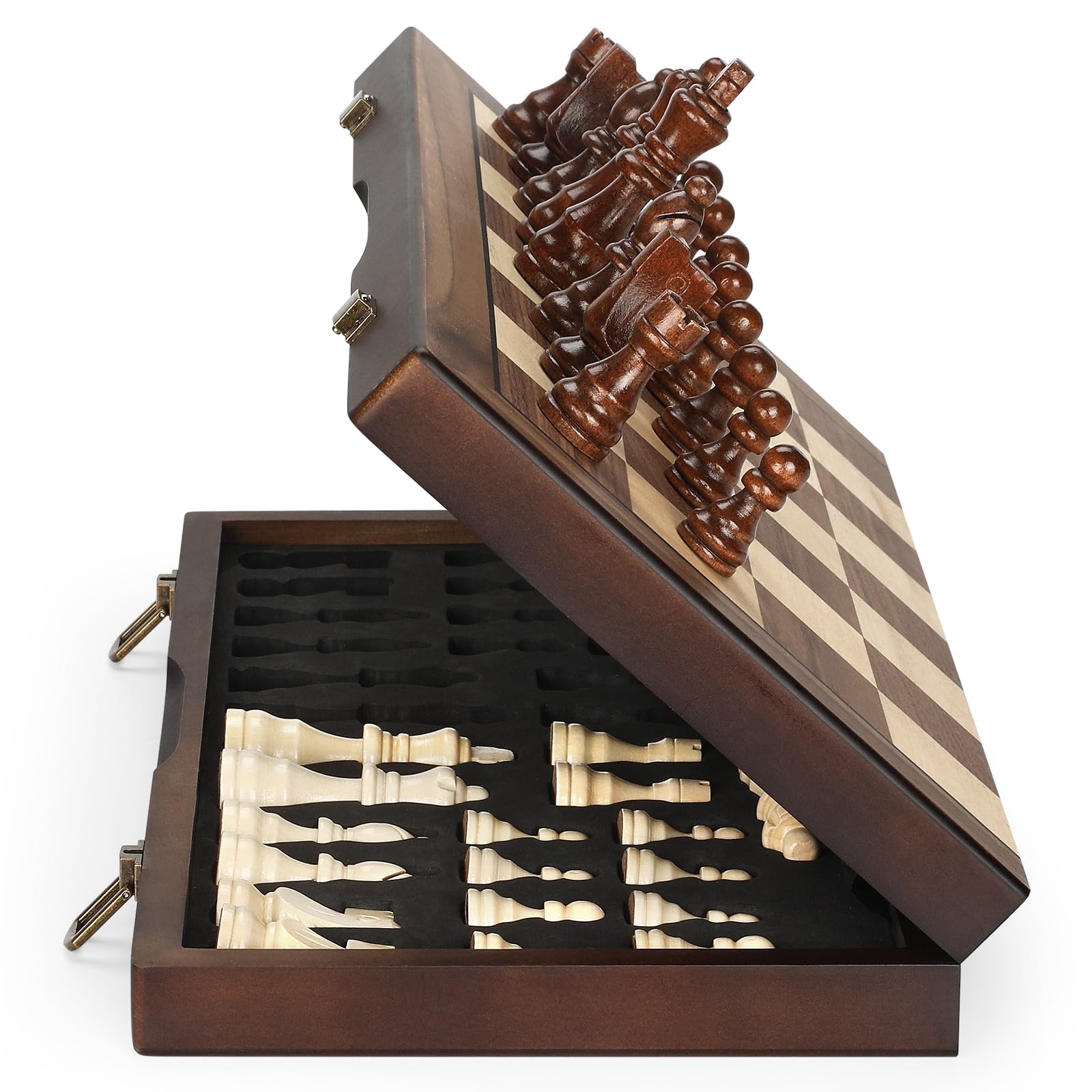 Unique Handmade Wooden Magnetic Chess Set Folding Portable Travel Game Board 17″