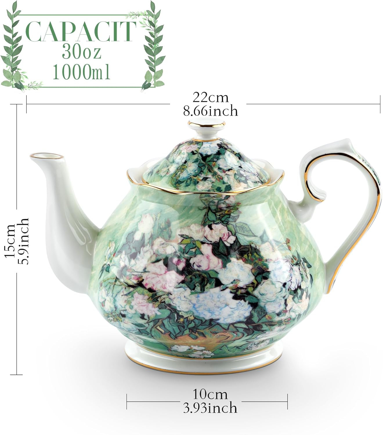 Teapot 30 Oz Vangogh Paintings Bone China Loose Tea Pot Floral Design Vintage Ce