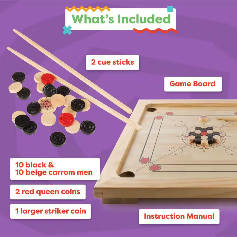 Wooden Carrom Board Game with Cue Sticks