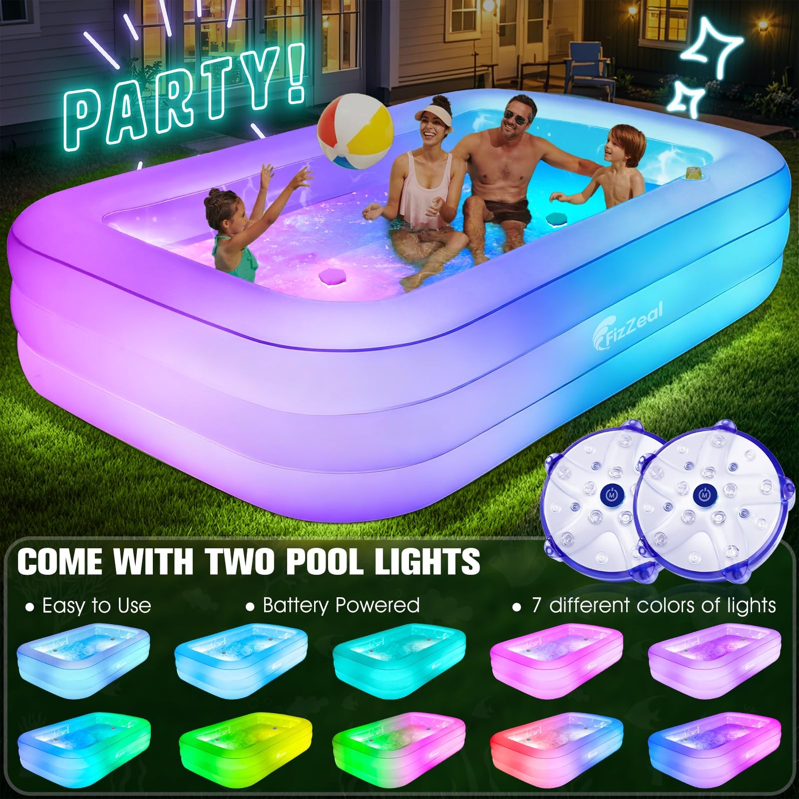 Inflatable Pool 110 x 63 20 Lights Seat Family Backyard White Durable Thickened