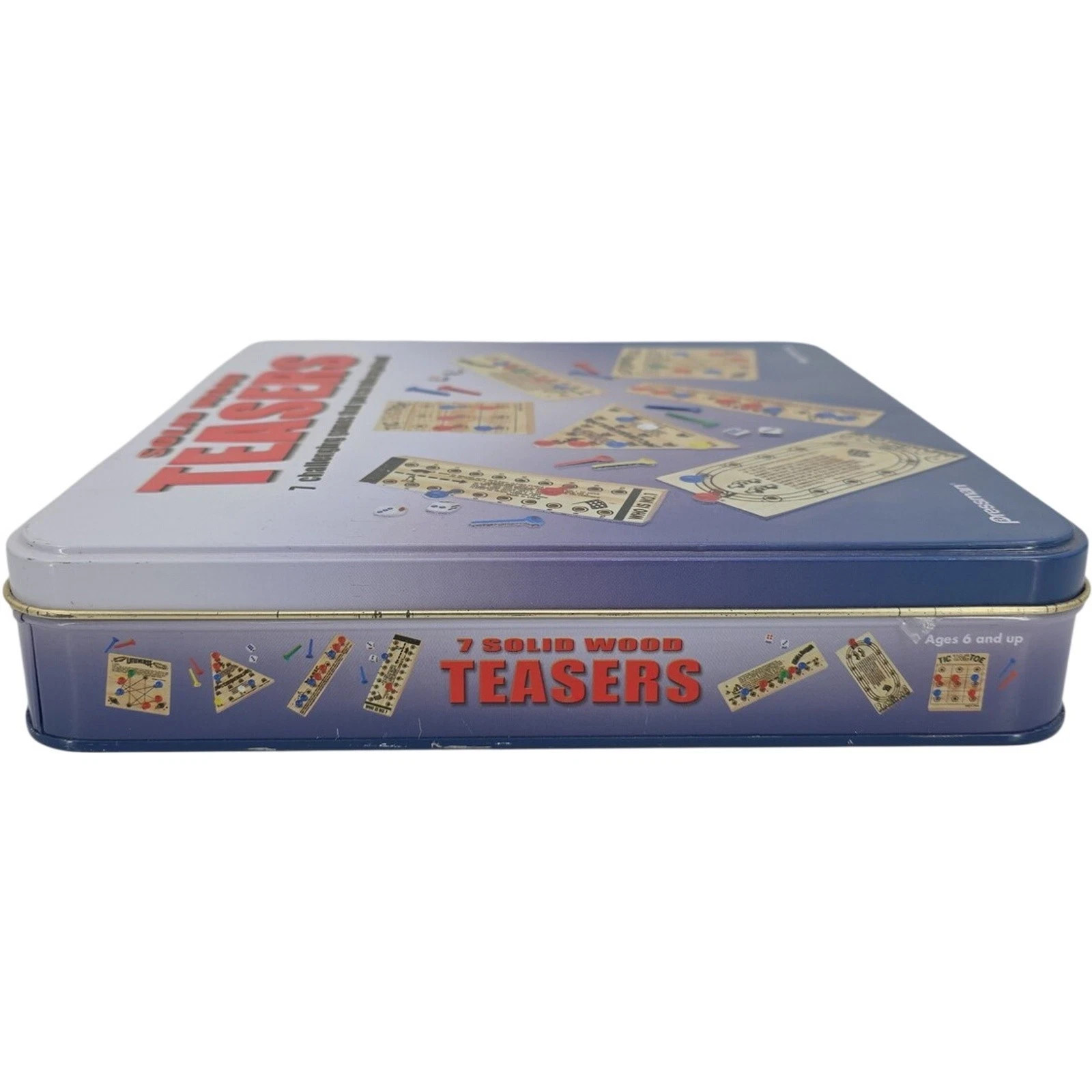 Pressman Solid Wood Teasers 7 Travel Puzzle Games Set w/ Tin Box #1806