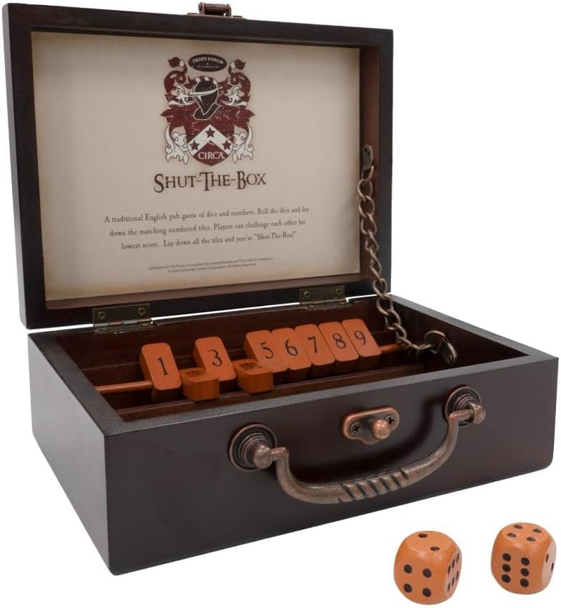 , Circa Shut the Box, Wooden 9 Number Dice Game with Case for Travel, for Adults