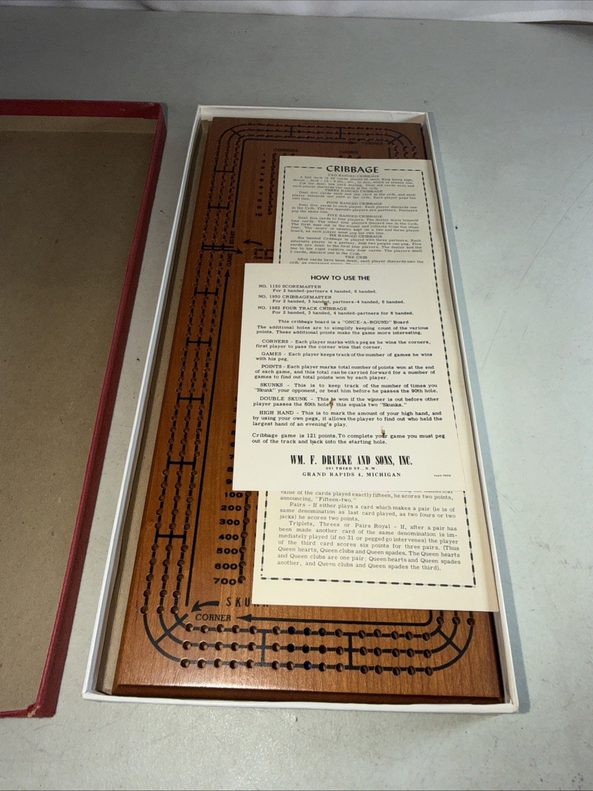 VTG Drueke Cribbage Master Wooden 3 Track Cribbage Board w Box & Pegs USA