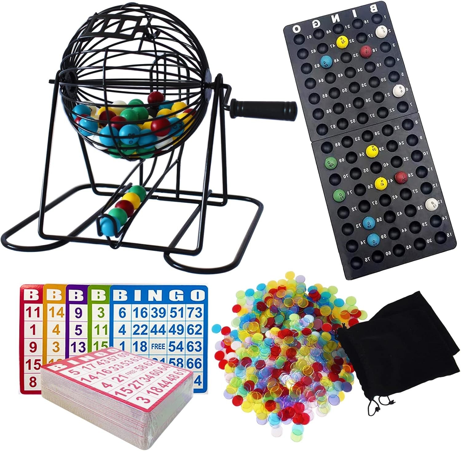 Deluxe Bingo Game Set – Metal Round Cage, 75 Colored Bingo Balls, 100 Bingo C…