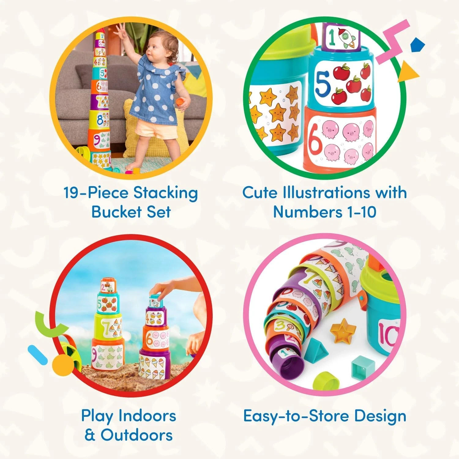 Nesting Sorter Set 19 Pieces Stacking Buckets Shapes Educational Battat Cups