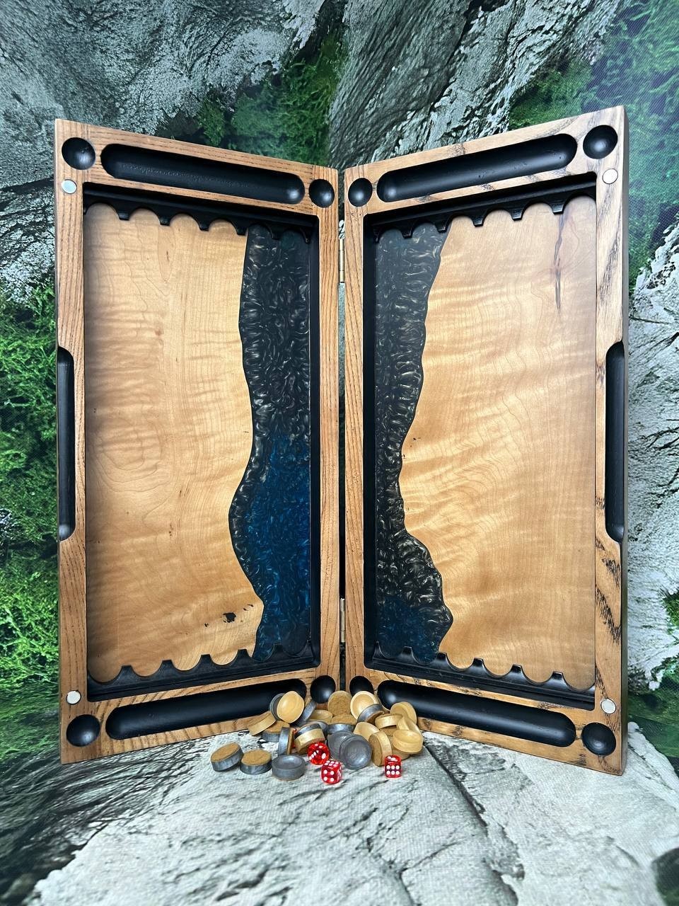 Handmade Wood Epoxy Resin Backgammon Set | Natural Wood Board Game 50×50 cm