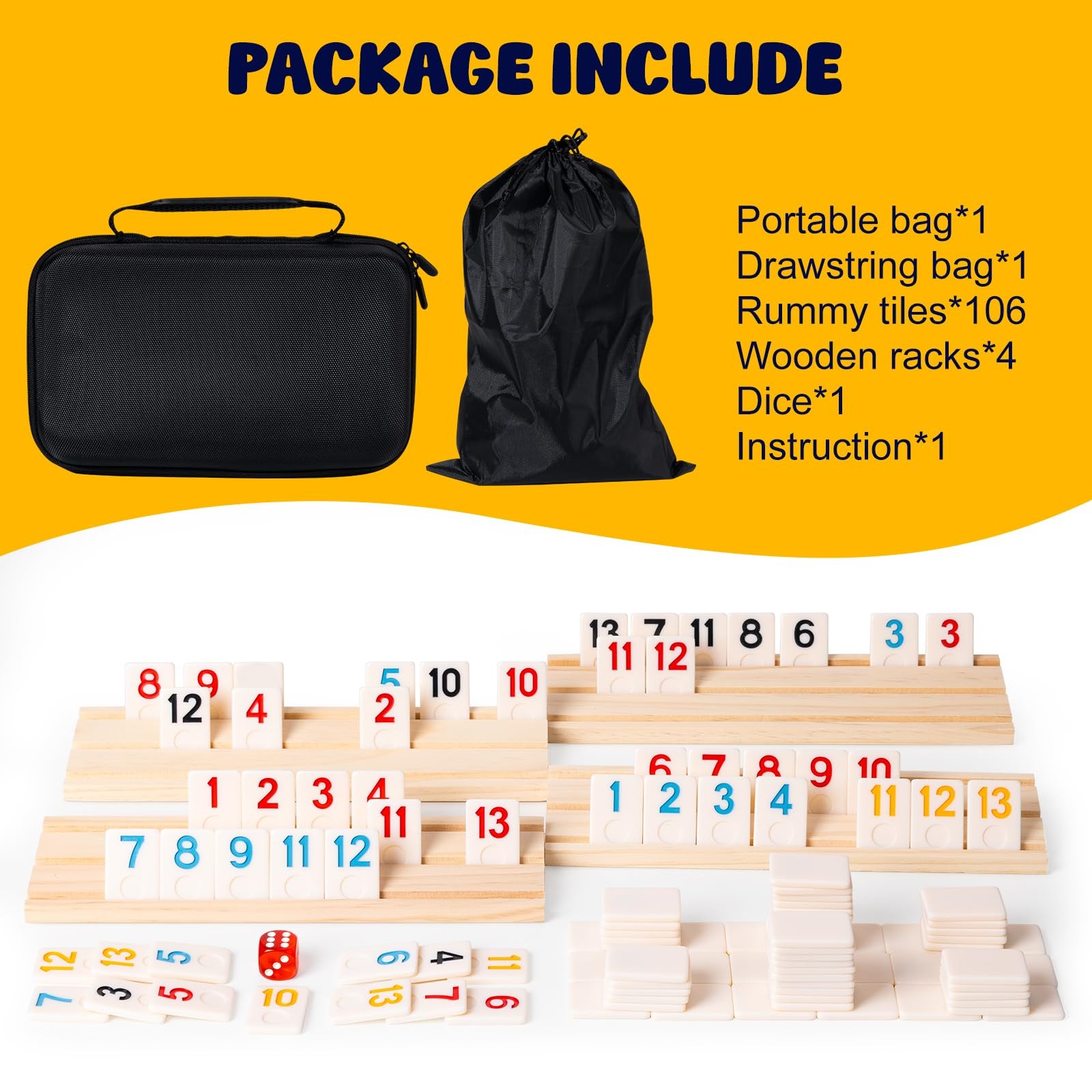 Rummy Cube Game Set, 106 Rummy Tiles with 4 Wooden Racks/Trays, Portable Carr…