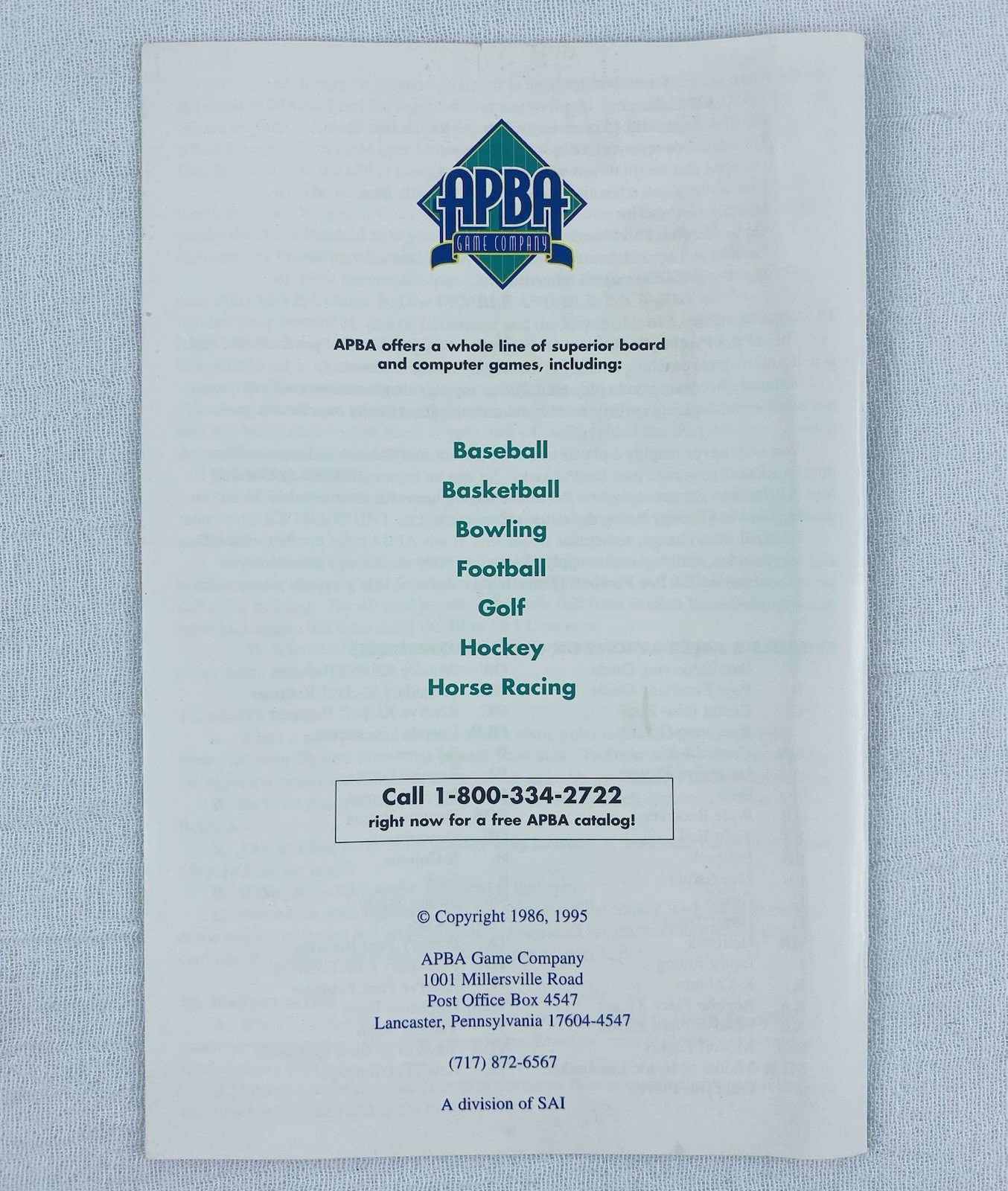 Vintage 1995 APBA Pro Football Board Game INSTRUCTION MANUAL Only