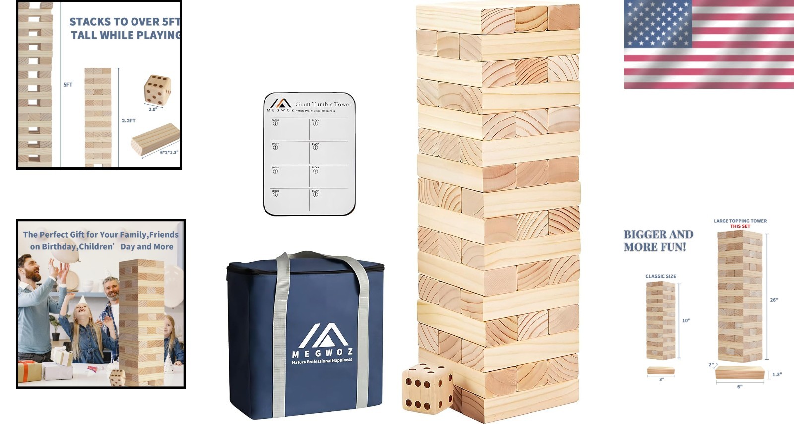 Giant Tumble Tower 60pc New Zealand Pine Blocks Stack to 5ft – Quality