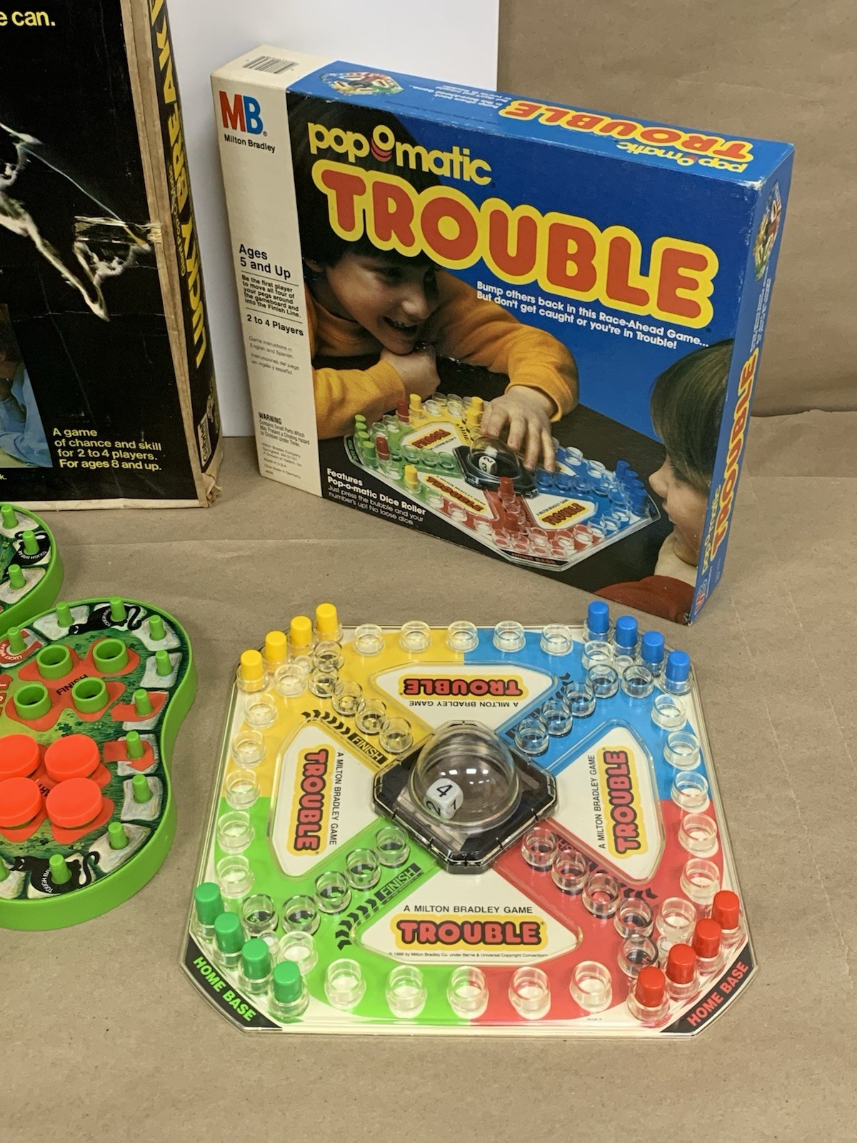 Vintage Family Game 3pc Lot Gabriel PopOMatic Lucky Break Milton Bradley Trouble