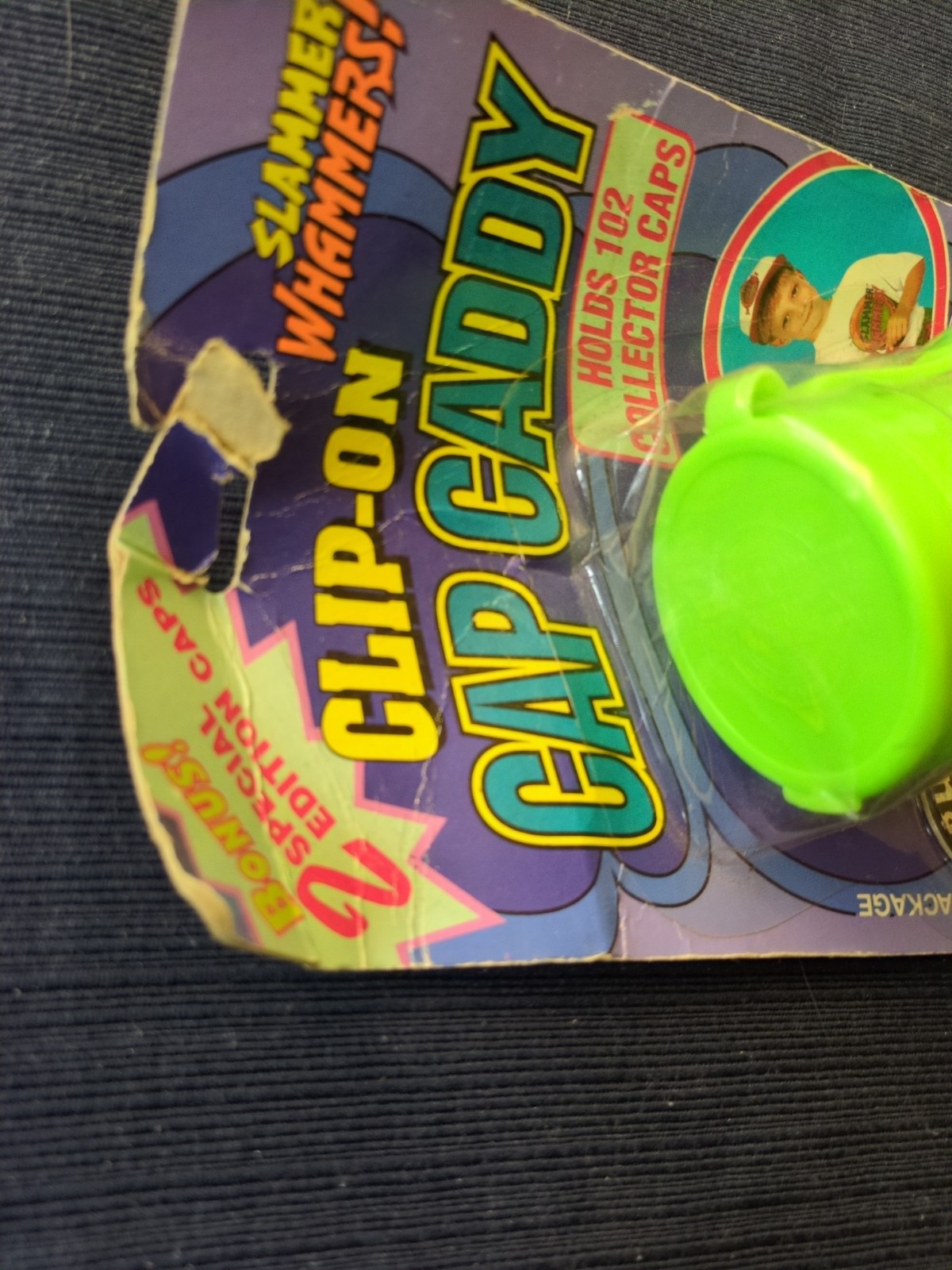 Slammer Whammers Pogs Imperial Toys 1994 Cap Caddy Green Clip On NEW on Card NOS