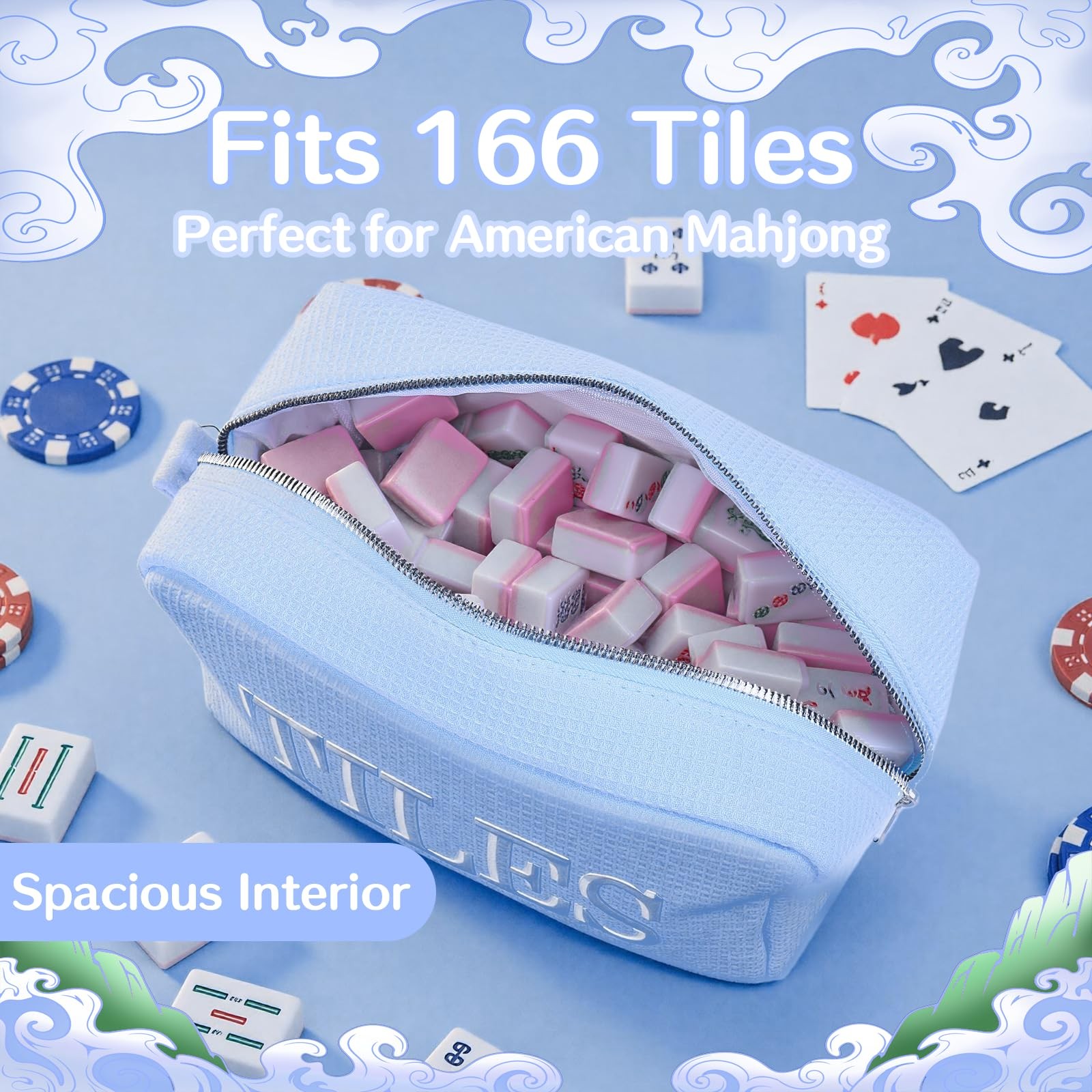 Empty Mahjong Tile Bag with Zipper, Thickened Waffle Storage Pouch for 166 Ma…