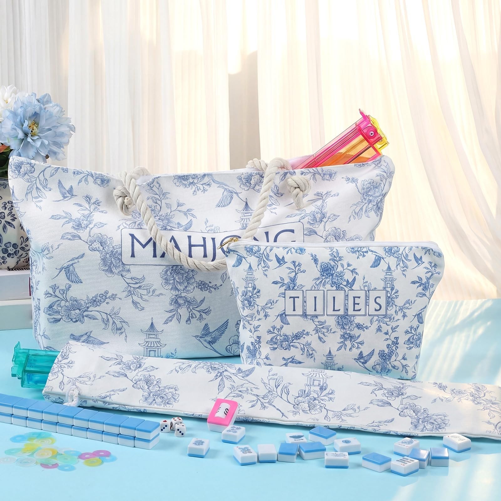 Ceenna 271 Pcs Chinoiserie American Mahjong Tiles Set, 160 Blue Tiles Mah Jon…
