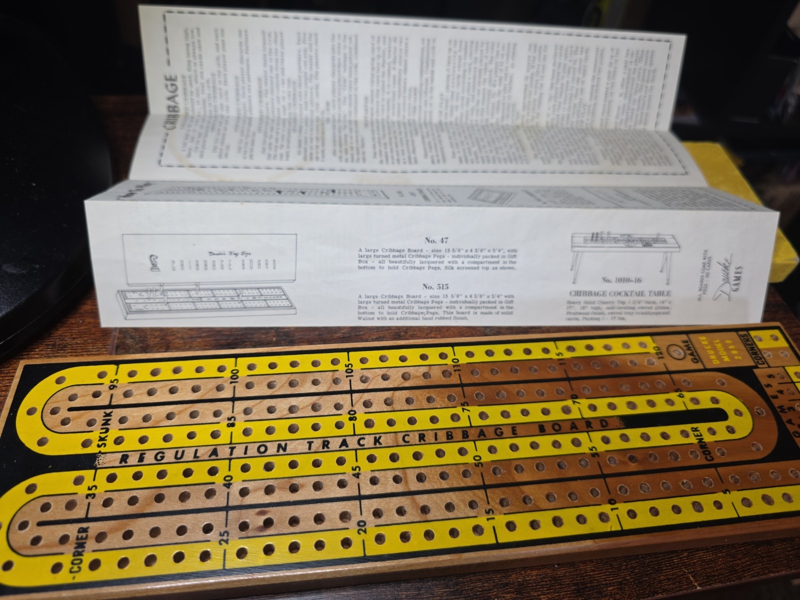 Vtg Drueke’s Cribbage Board Natural Hardwood In Box With 8 Pegs & Instructions