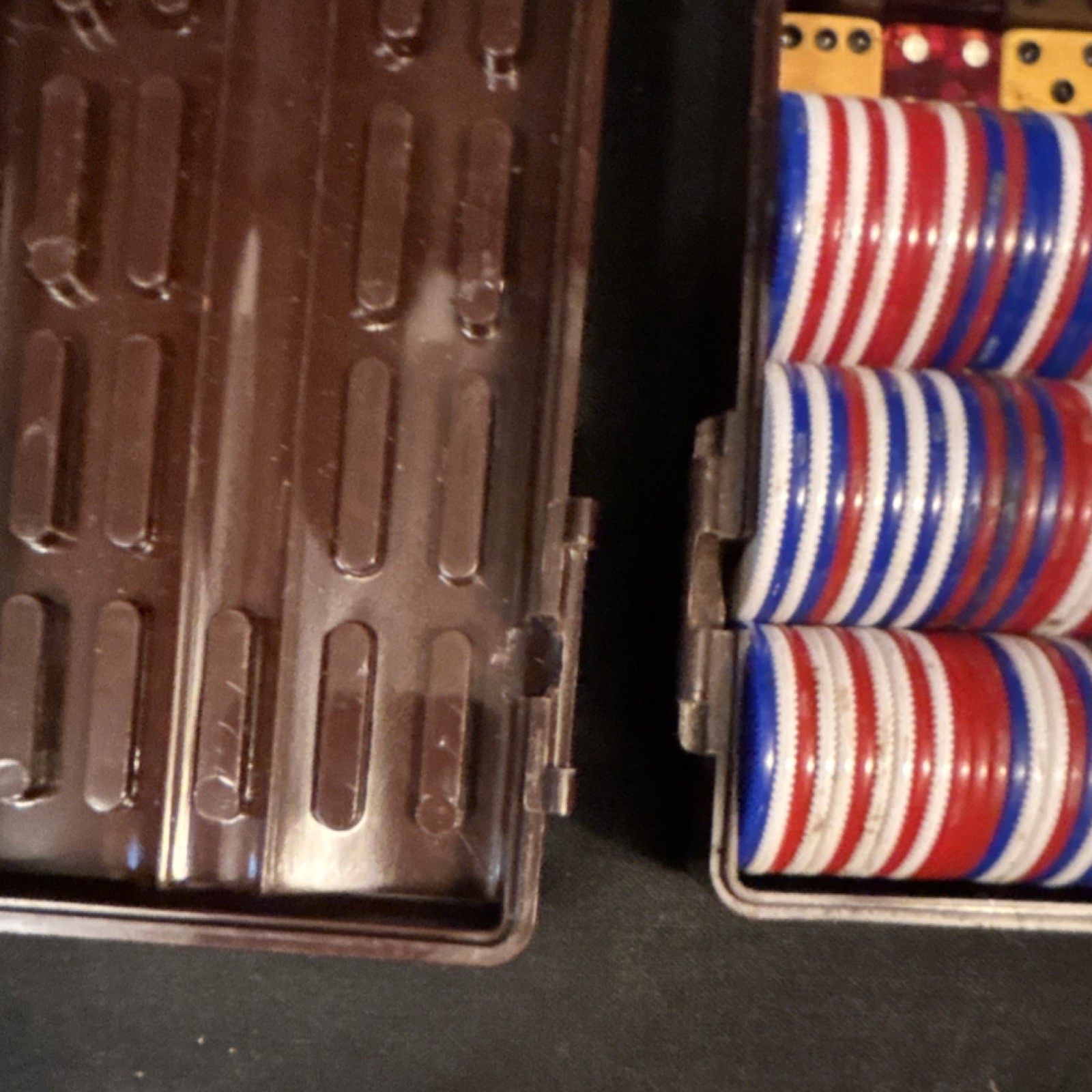 Vintage Poker Set Red White Blue Chips Dice Cards Brown Case cribbage pegs READ