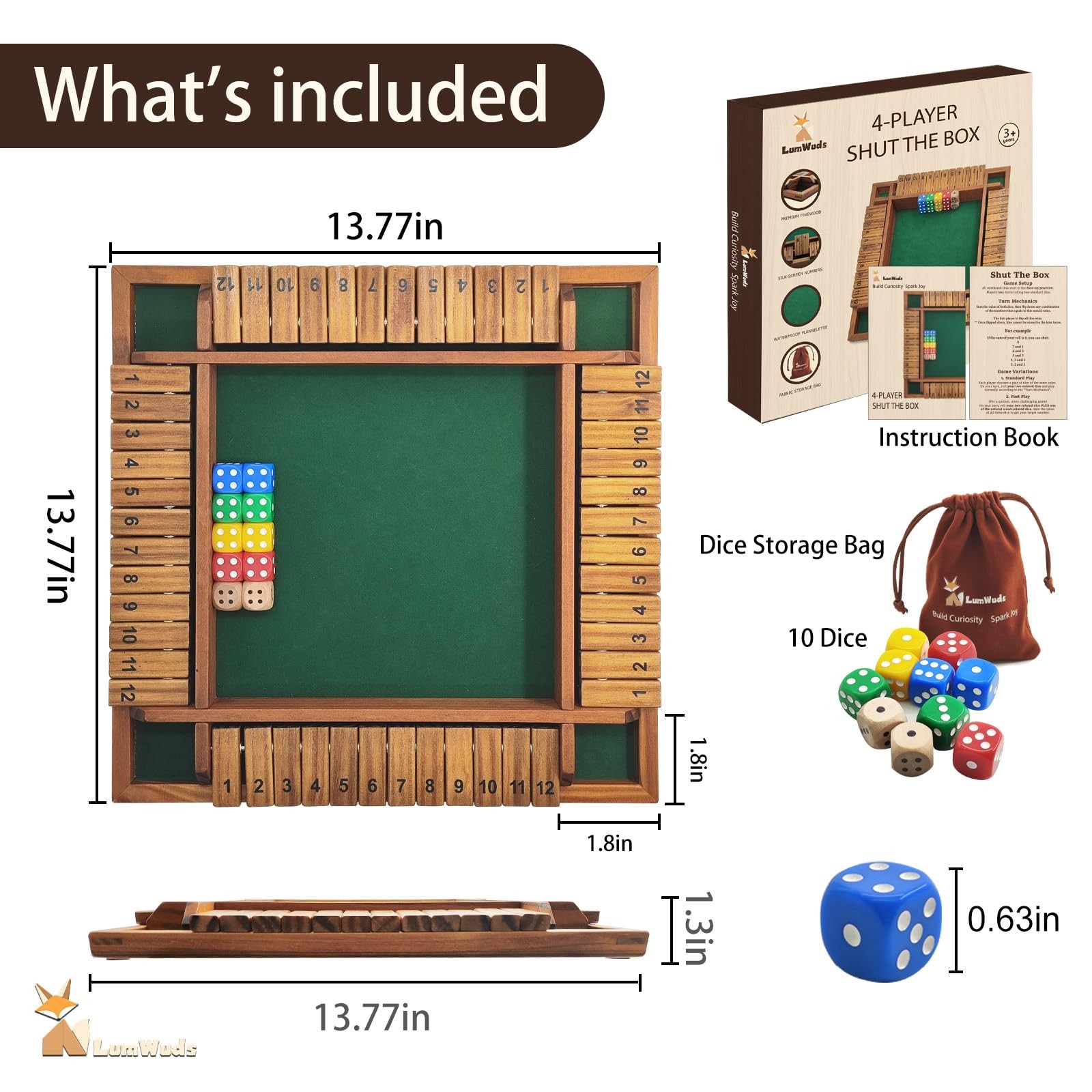 Shut The Box Game Wooden Board (13.78 Inches) for 1-4 Players, Family Dice Ga…