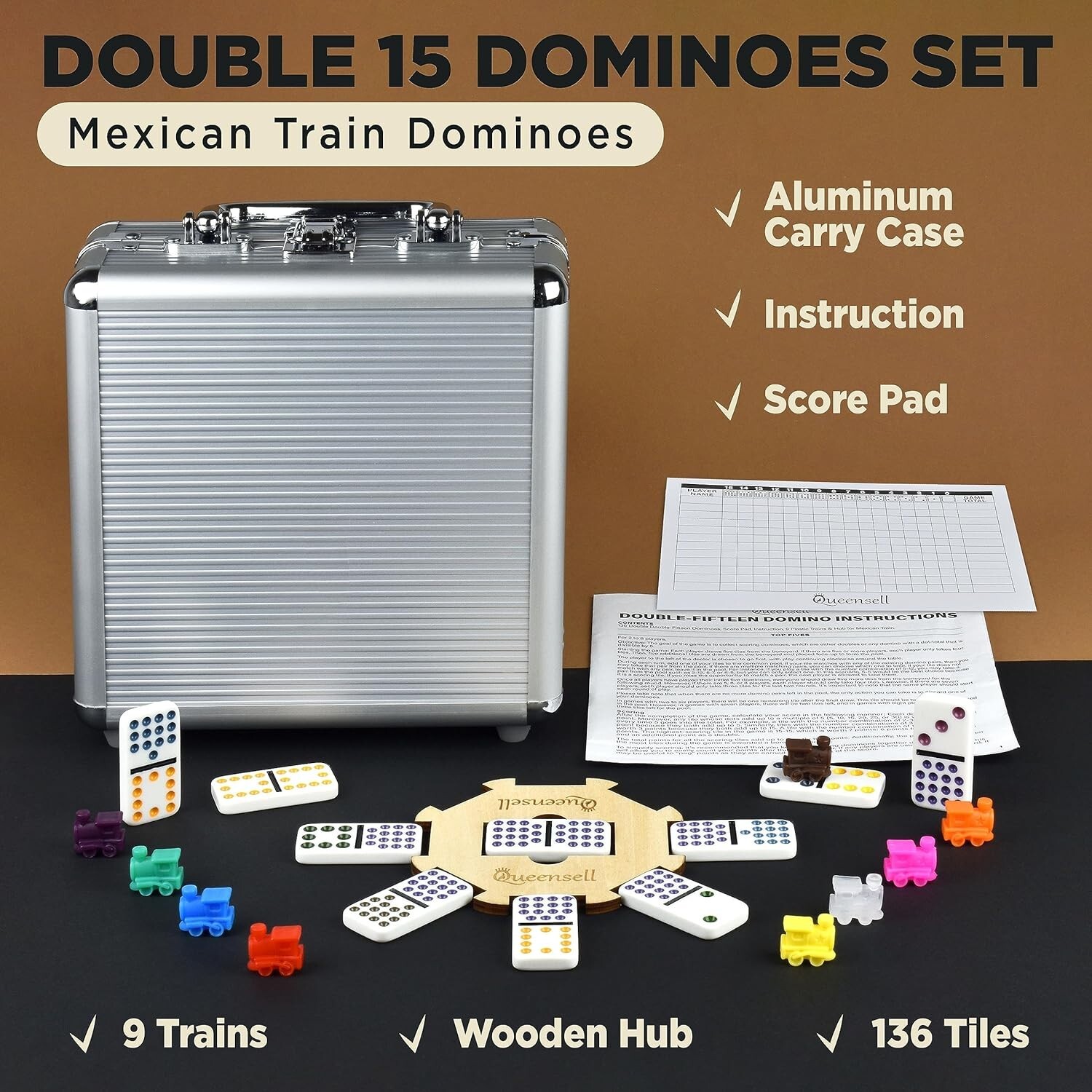 Mexican Train Dominoes Set Double 15, Dominoes Set for Adults and Family, Mex…