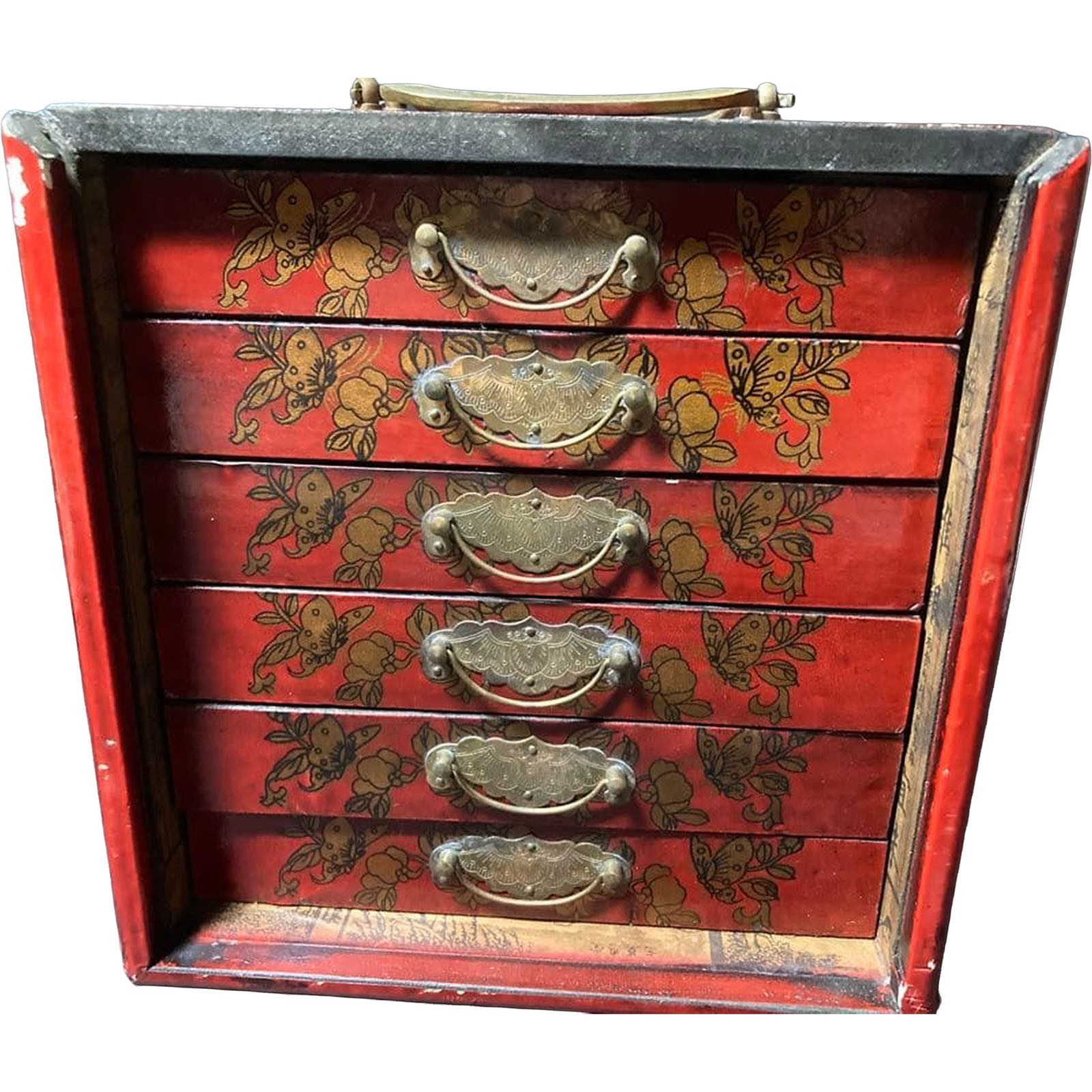 Vtg Chinese Mahjong Bone Bamboo Wooden Case 5 Drawer Tiles Carved Flower Auth