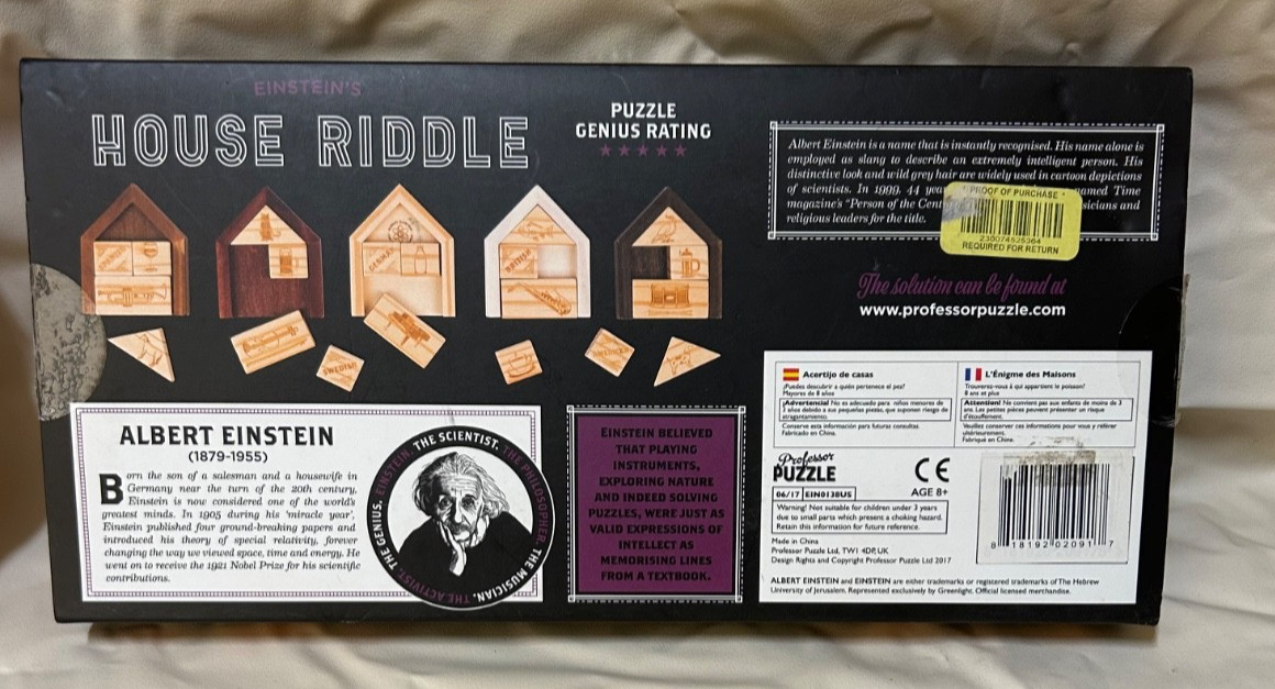 Professor Puzzle Einsteins Collection House Riddle Wooden Brain Teaser Open Box