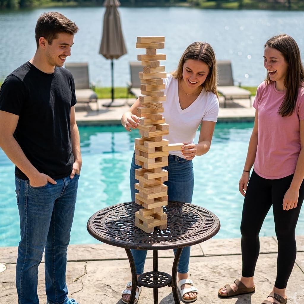 Large Wooden Tower Stacking Game – 54 Pine Blocks, 4FT, Carry Bag & Rules – Outd