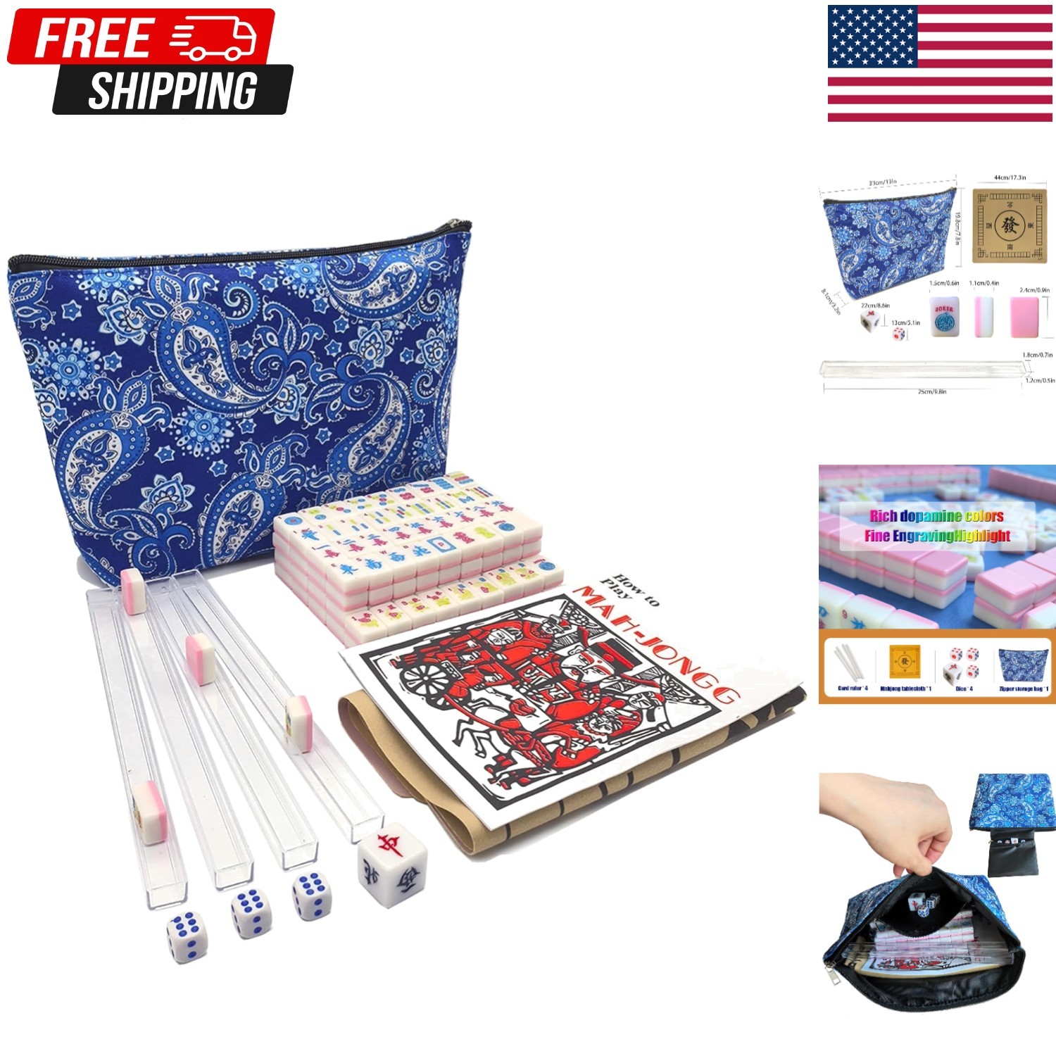 166 Pink American Printed Mahjong Game Set w/ Carrying Bag and Accessories,0….