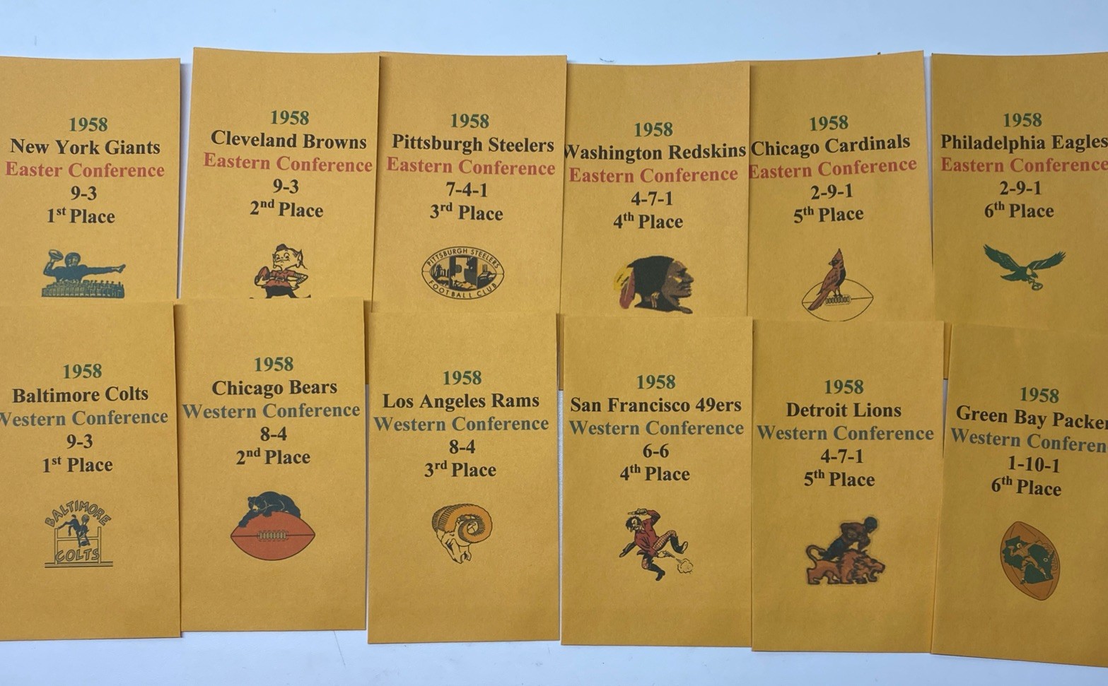 1958 APBA Football Printed Storage Envelopes with Stats and Team Logo