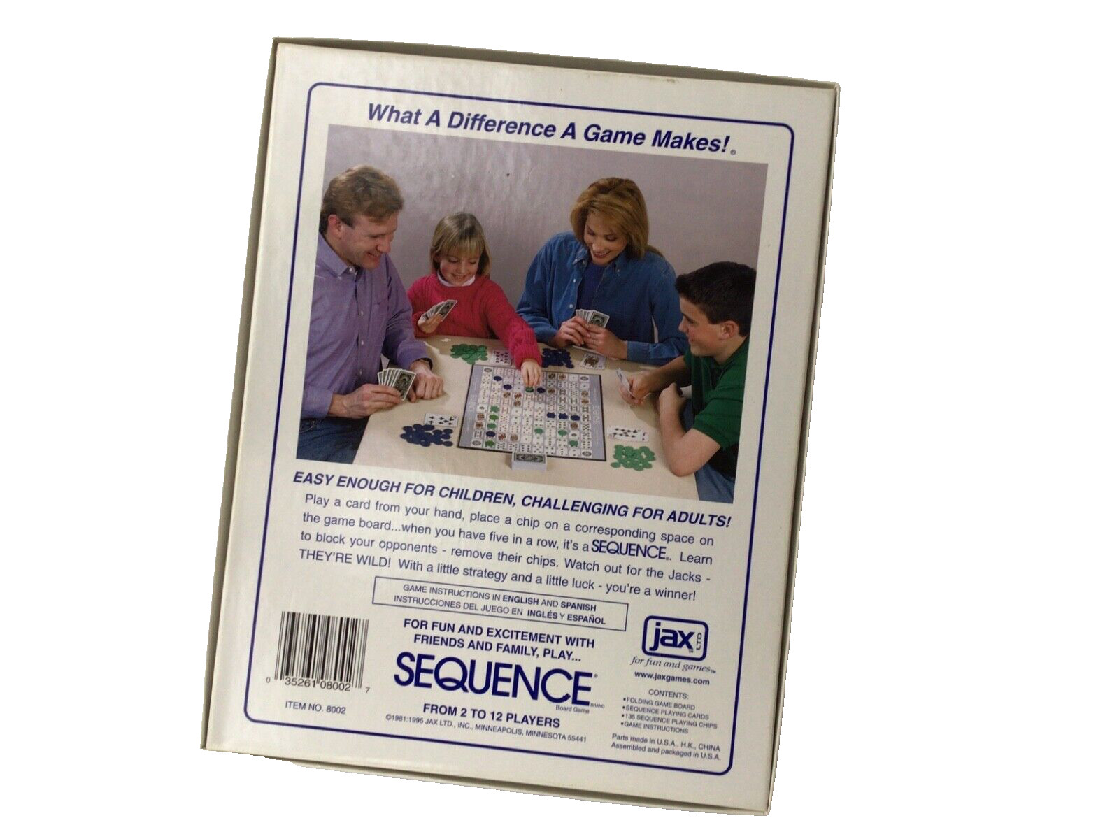 SEQUENCE 1995 JAX STRATEGY BOARD GAME AGE 7 TO ADULT – 2 TO 12 PLAYERS